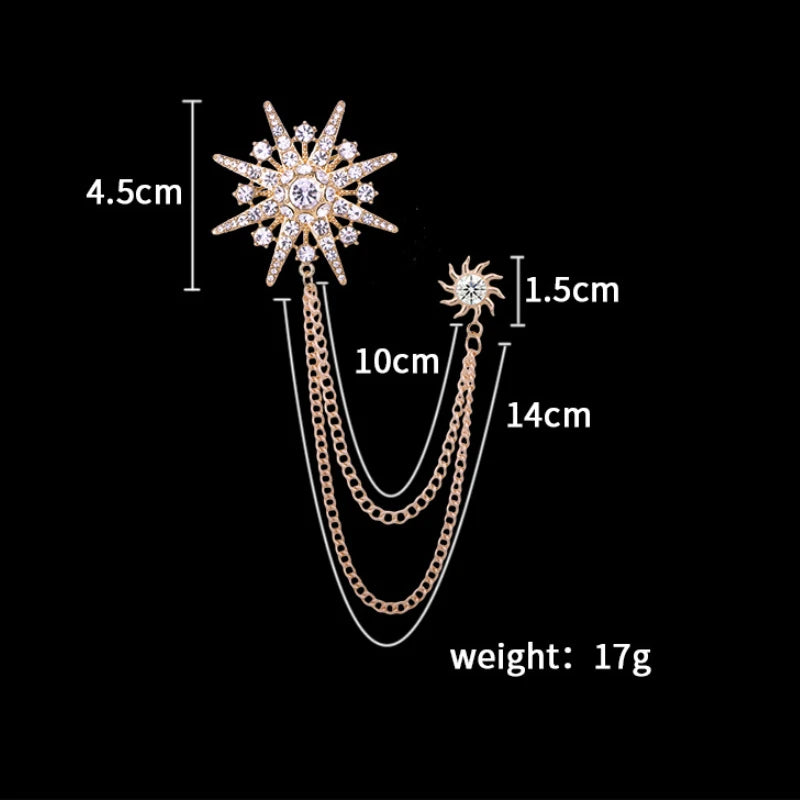 Men's Tassel Chain Star Brooch Crystal Rhinestone Lapel Pins Suit Shirt Collar Badge Fashion Jewellery Brooch