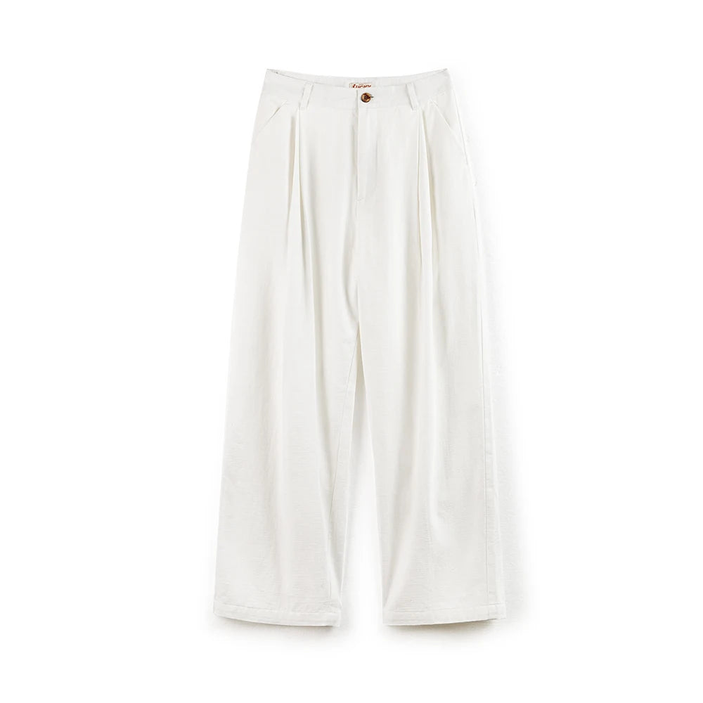 Women's White 100% Cotton Wide-Leg Cargo Trousers | Loose Straight Streetwear Pants