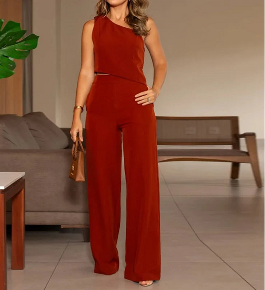 Women's Two Piece Set - Shoulder Office Sleeveless Slim Top With Pocket Pants Set