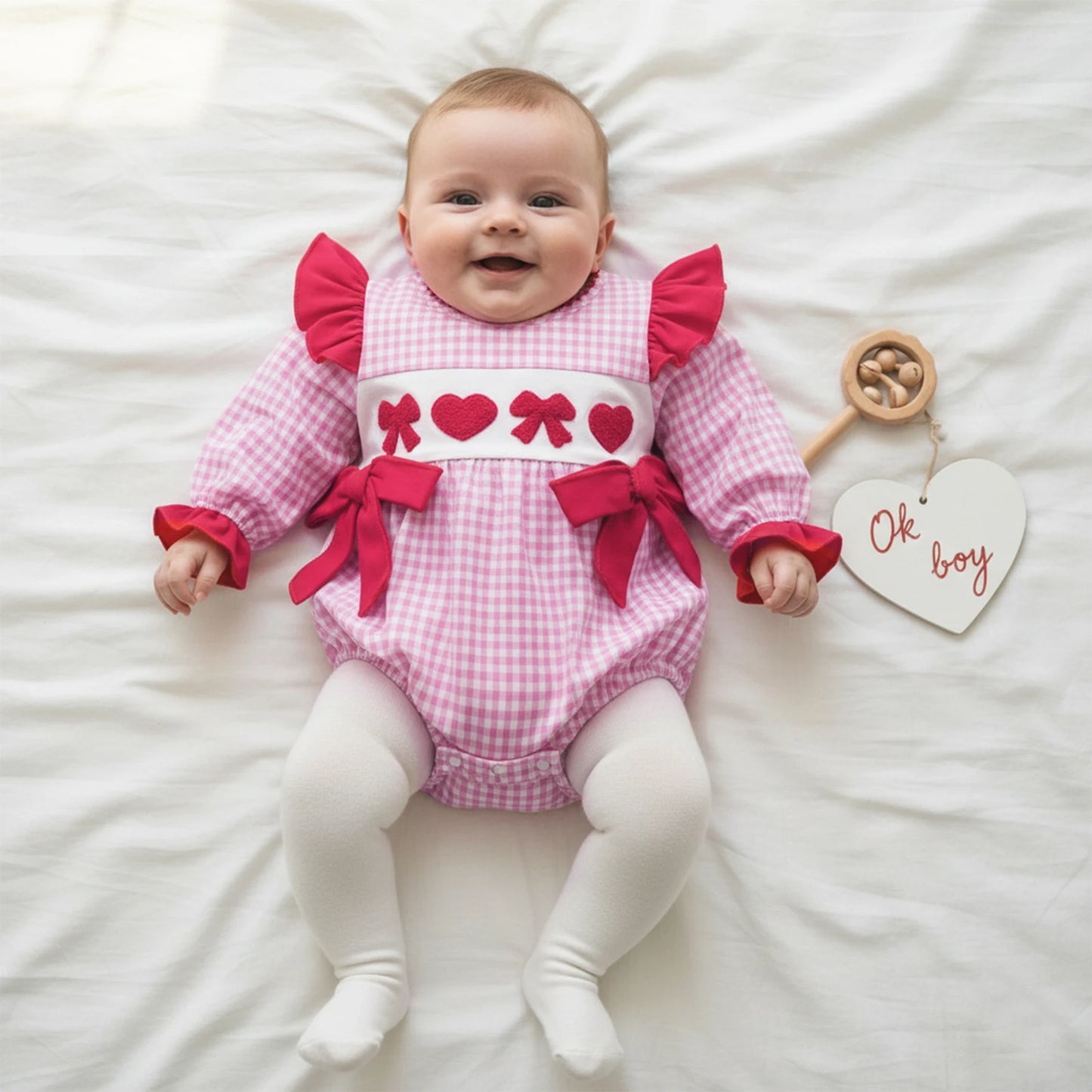 Baby Girls Boys Valentine's Day Plaid Print Bow Heart Embroidered Long Sleeve Romper