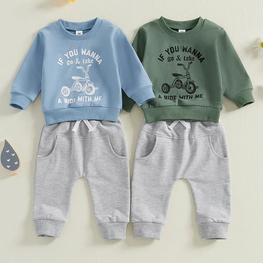 0-3Y Toddler Baby Boys Letter Print Long Sleeve Crew Neck Sweatshirts with Solid Pants Set