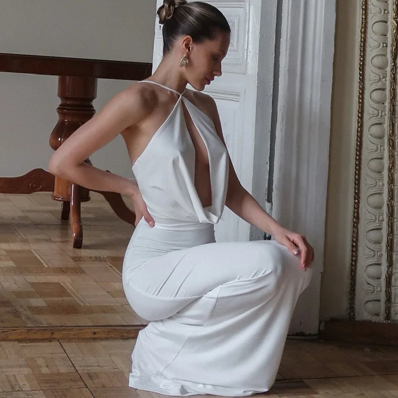 Women's Draped Cut Out Maxi Outfit Gown Backless Solid Plunge Slip Dress