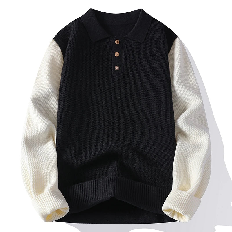 Men's Turn-Down Collar Knitted Pullover - Patchwork Long Sleeve Casual Sweater