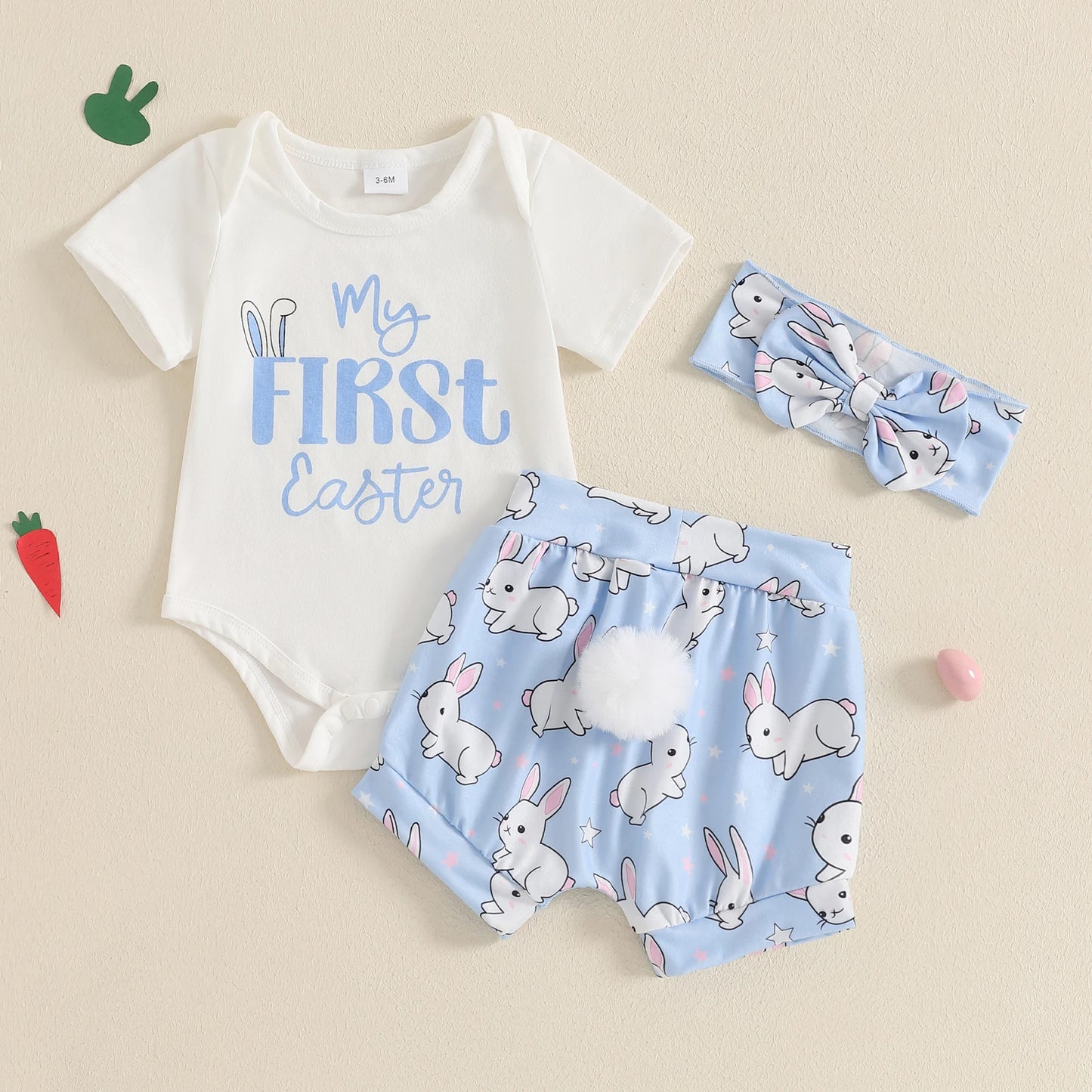 Baby Girls' Easter Outfit Set - Letter Print Romper, Carrot Bunny Shorts & Headband 3pcs