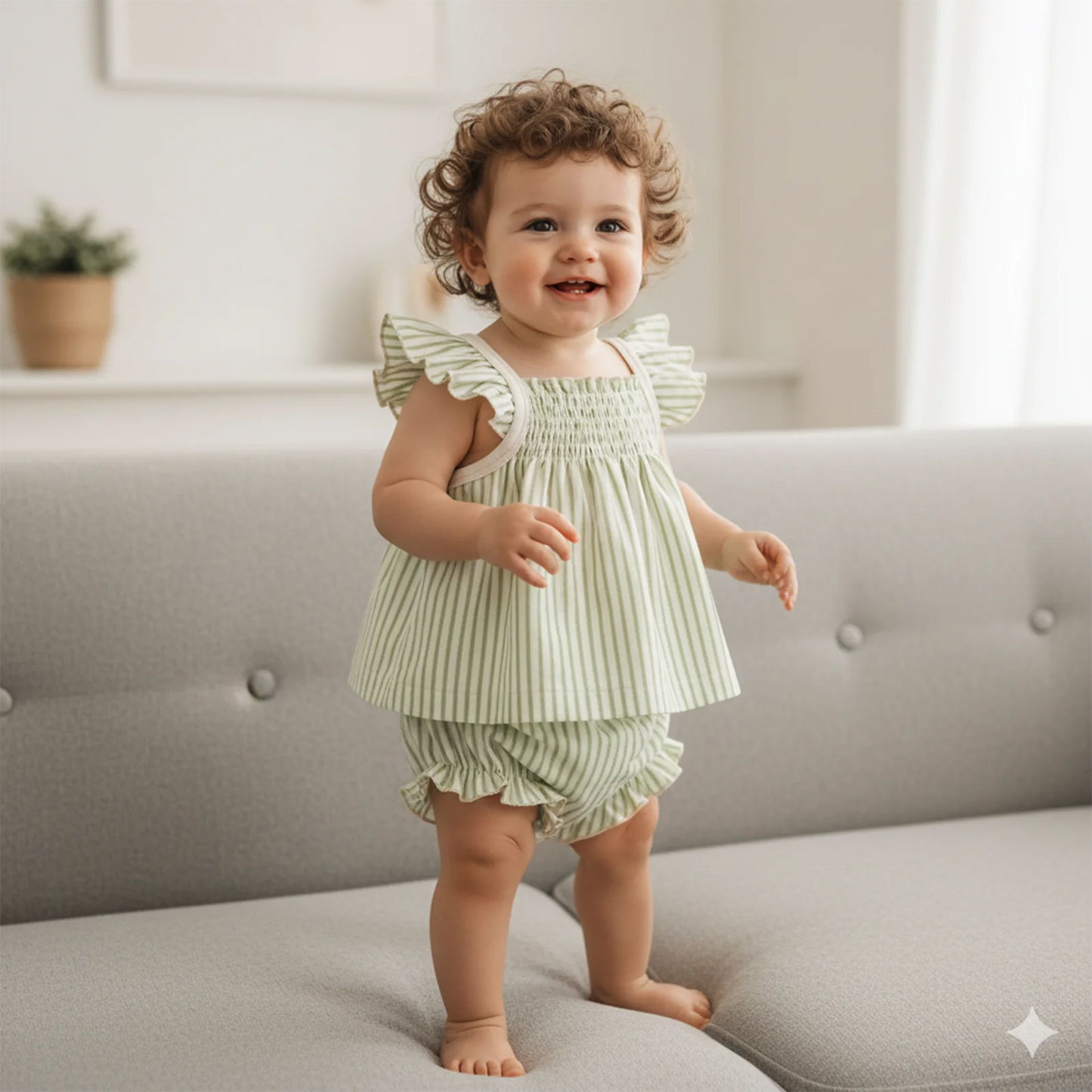 Baby Girls Striped Summer Outfit Set - Flying Sleeve Top & Shorts (0-24M)