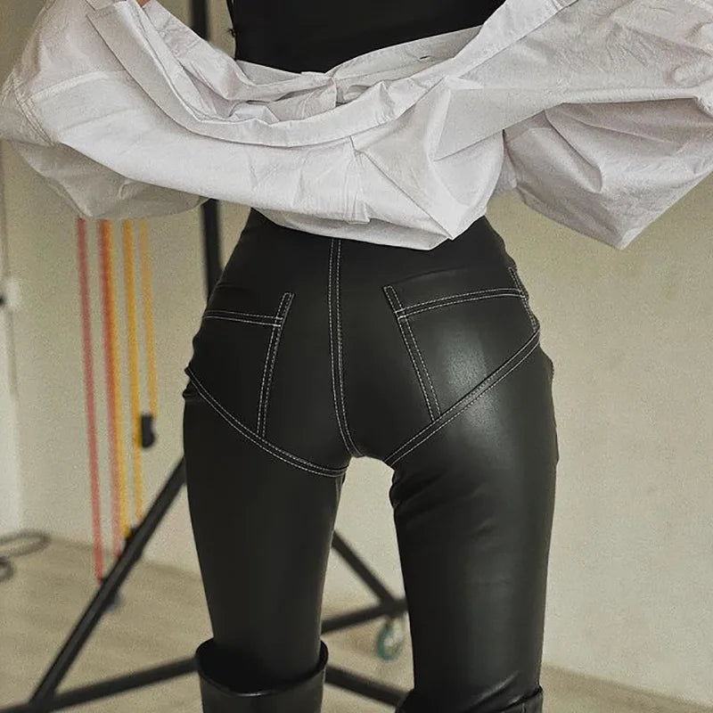 Women's Chic PU Leather High Rise Skinny Pencil Trousers