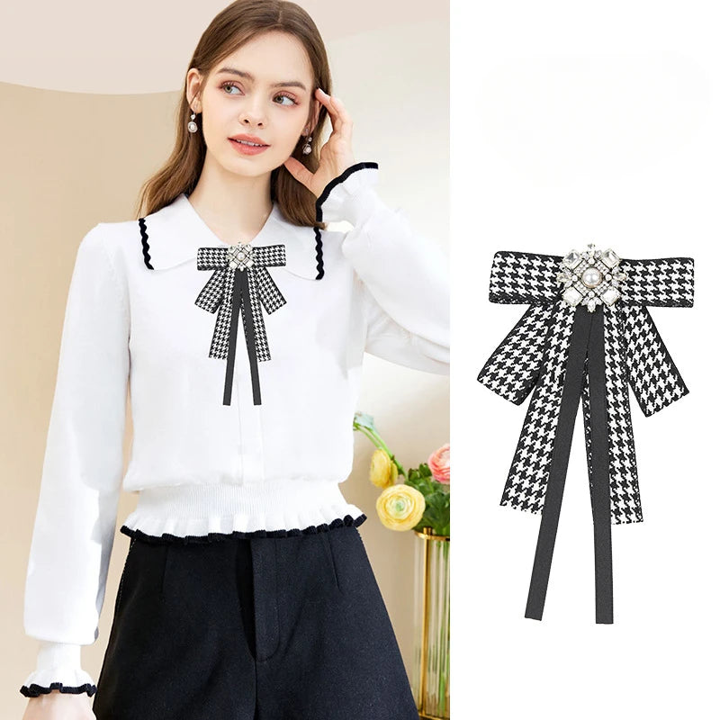 Houndstooth Ribbon Bow Brooch with Pearl