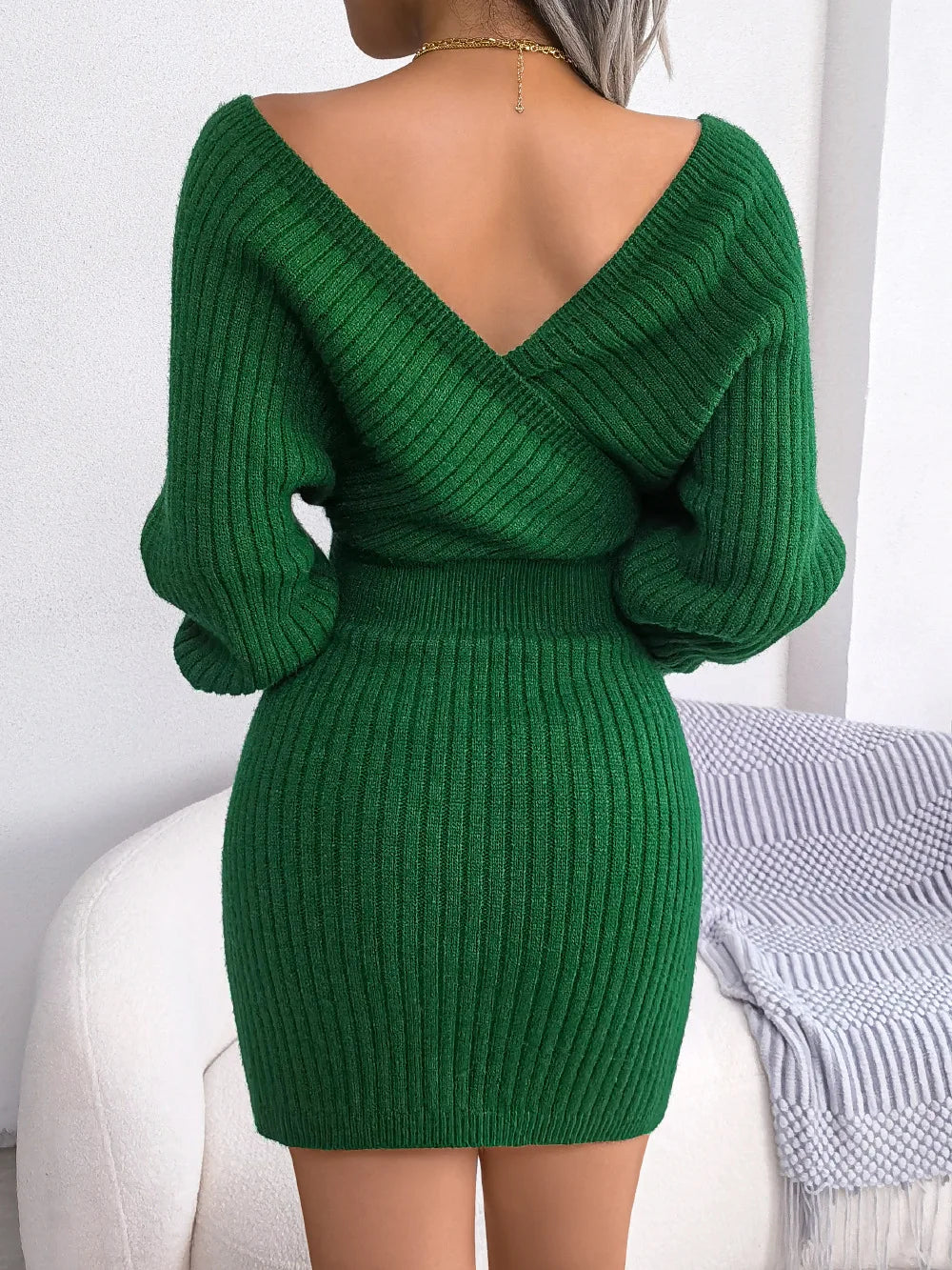 Women's Autumn Winter Cross V Neck Batwing Sleeve Casual Wrap Hip Woollen Dress