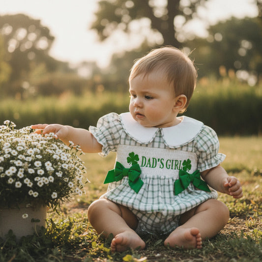 Baby Summer Romper - Plaid Clover Embroidery Smocked Jumpsuit with Bows