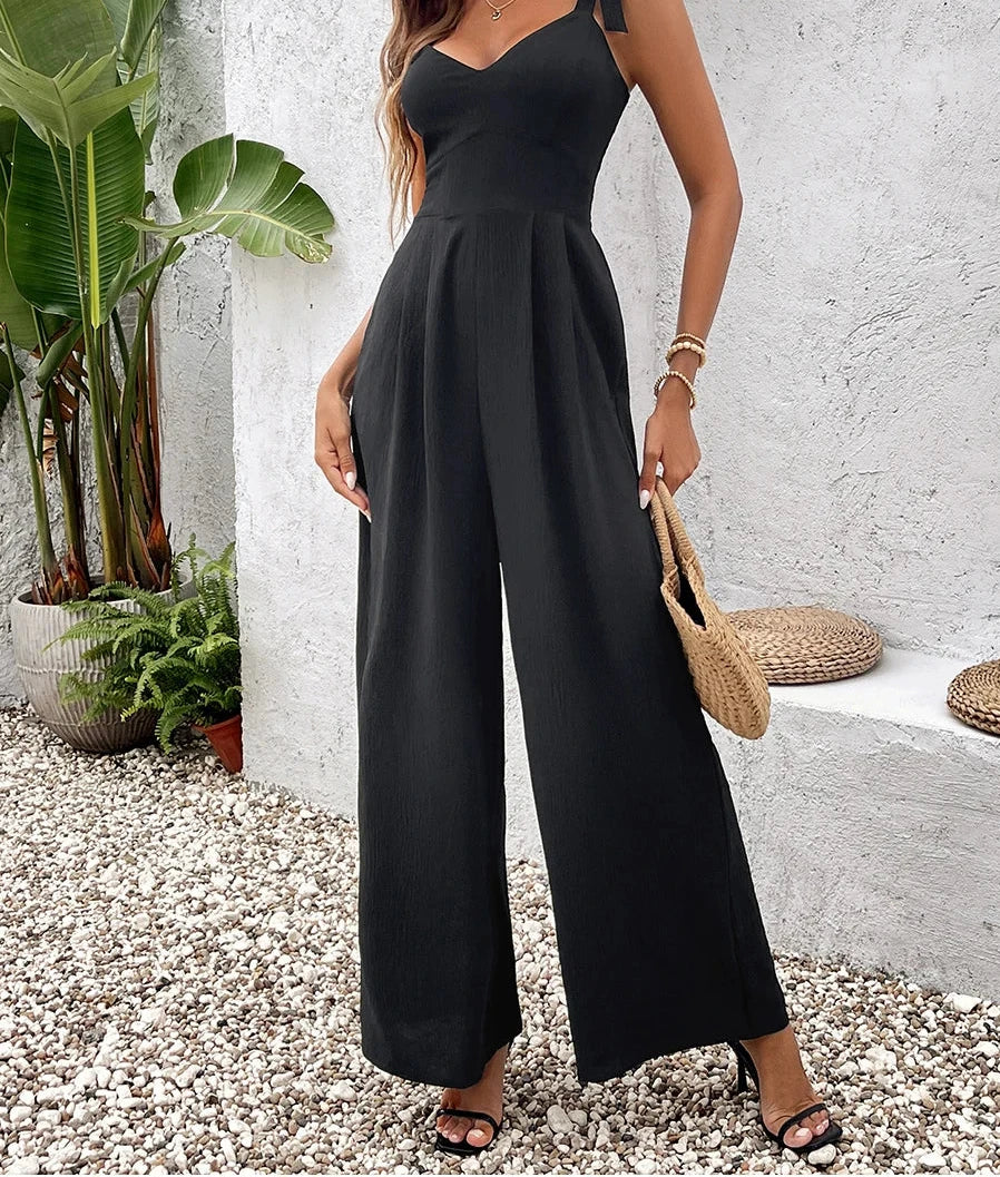 Women's V-Neck Wide Leg Jumpsuit - Backless Sleeveless Tie-Up Bodysuit