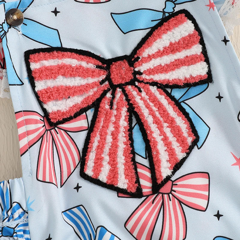 2pcs Baby Girls Independence Days Romper 0-18M Lace Flutter Sleeve Bow Embroidery Layered Hem Jumpsuit Headband