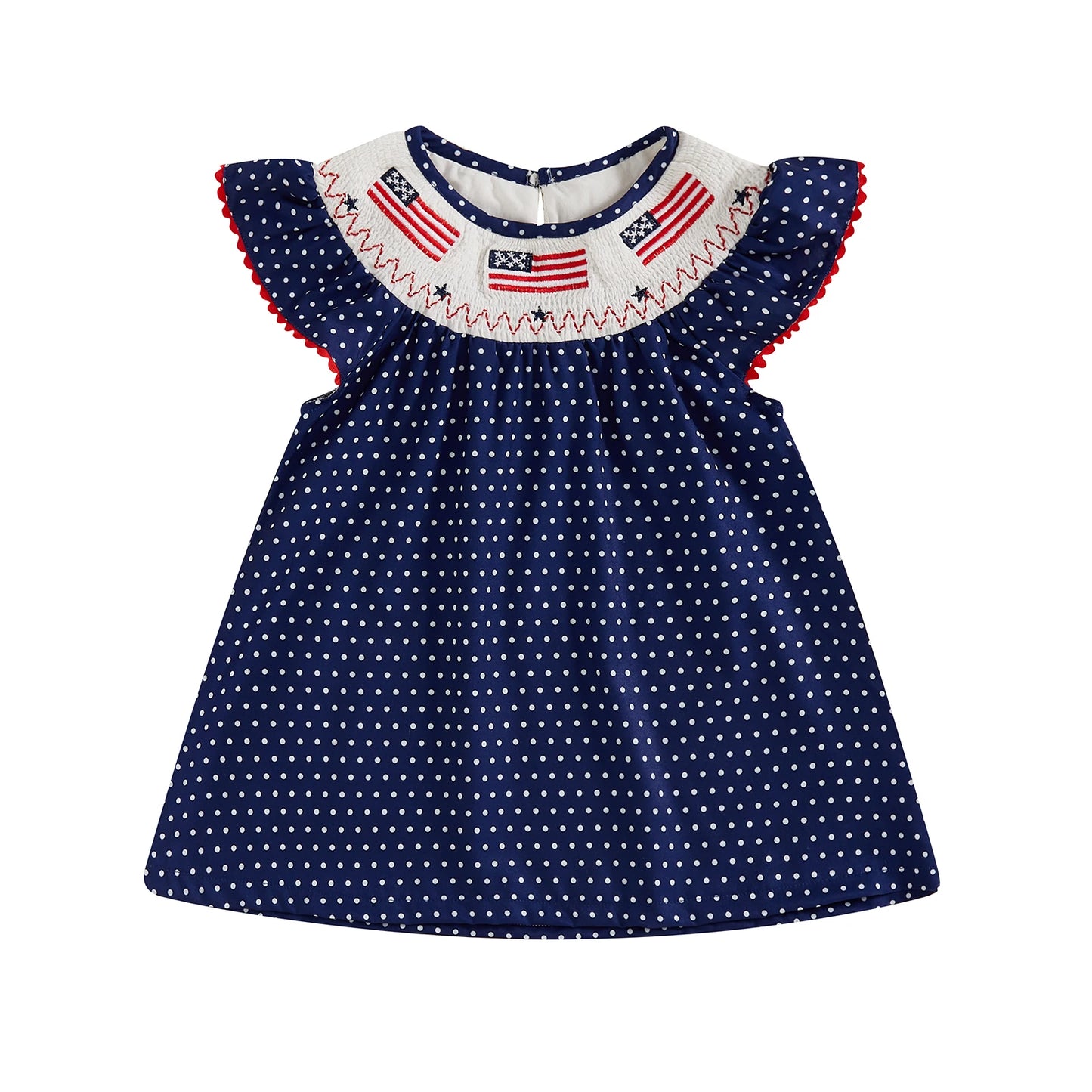 Kids Girls Dress 0-5Y USA Flag Embroidery Dot/Plaid Print Short Sleeve A-Line Dress