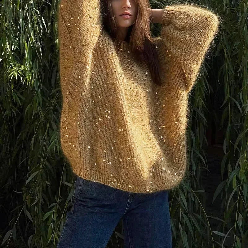 Women's Sequined Mohair  Loose Round neck Lantern Long Sleeve Glitter Knitted Pullover Sweater