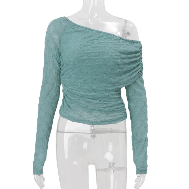 Women's Elegant Textured Asymmetrical Long Sleeve Top - Ruched Cropped