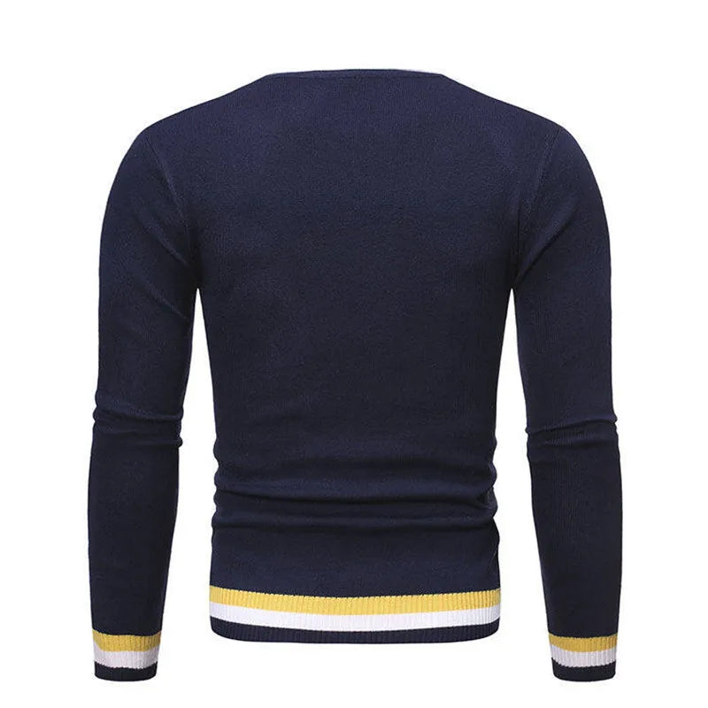 Men's O-Neck Knit Pullover - Long Sleeve Patchwork Sweater