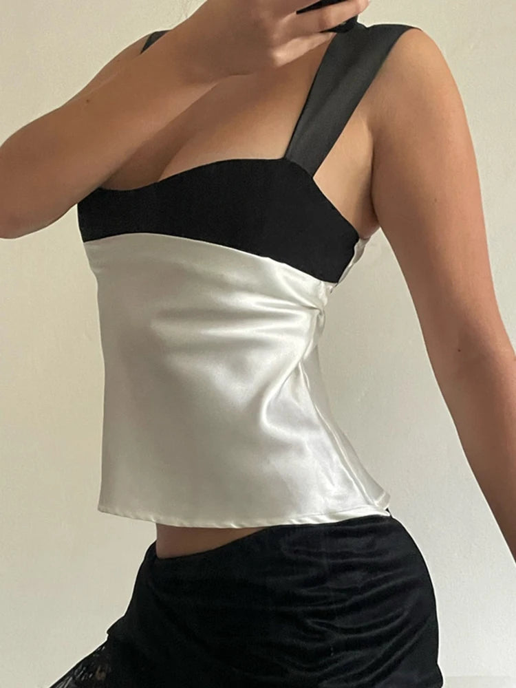 Women's Satin Plunge Crop Top  - Panelled Backless Cropped Vest Top