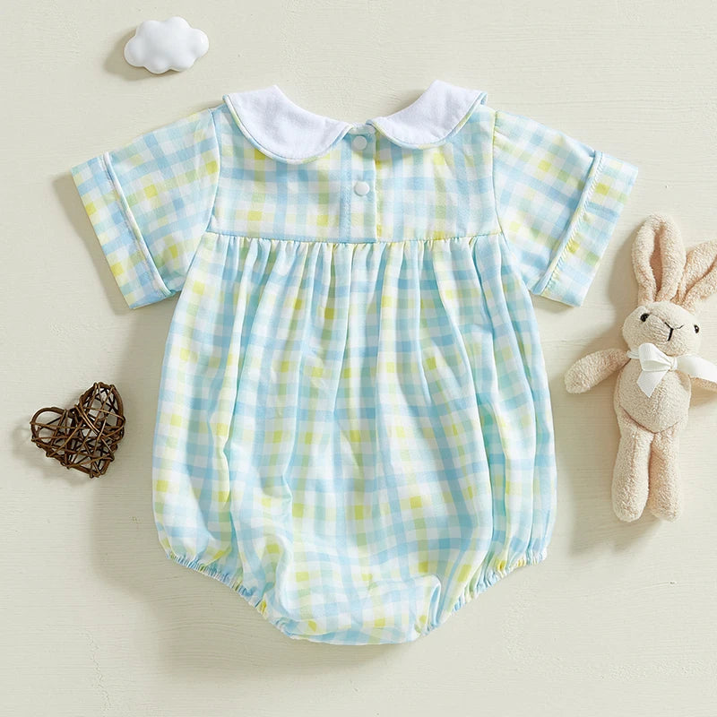 Baby Easter Romper with Bunny Embroidery - Smocked Doll Collar Bodysuit (Unisex)