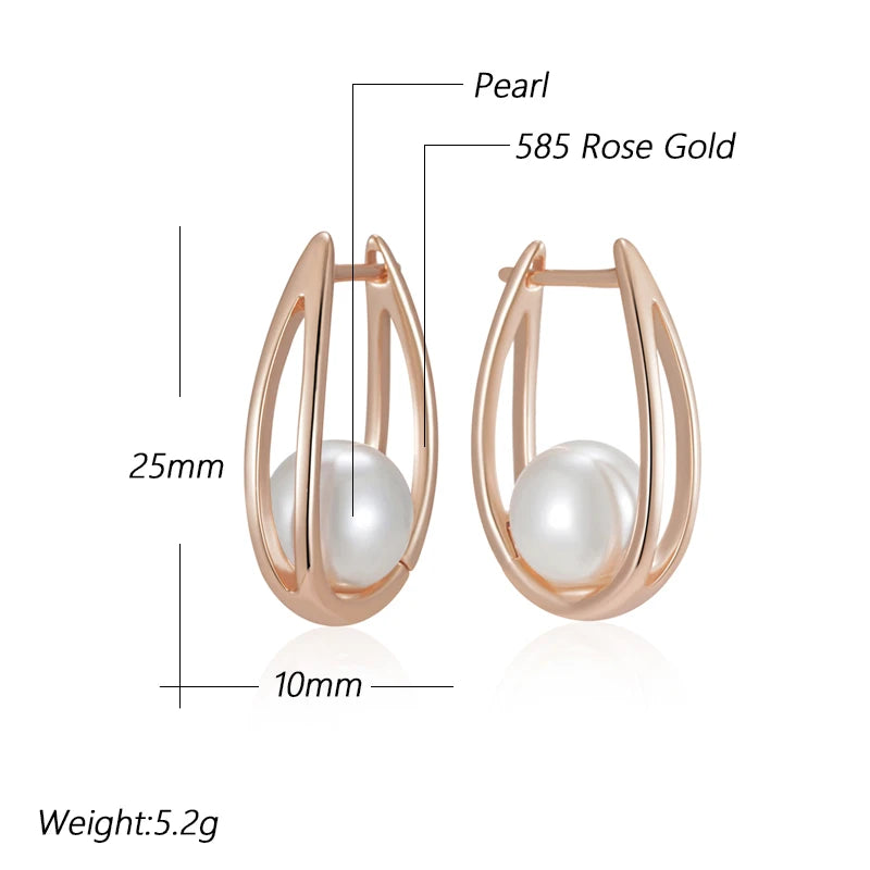 Women's 585 Rose Gold Colour Geometric Glossy Pearl Dangle Earrings