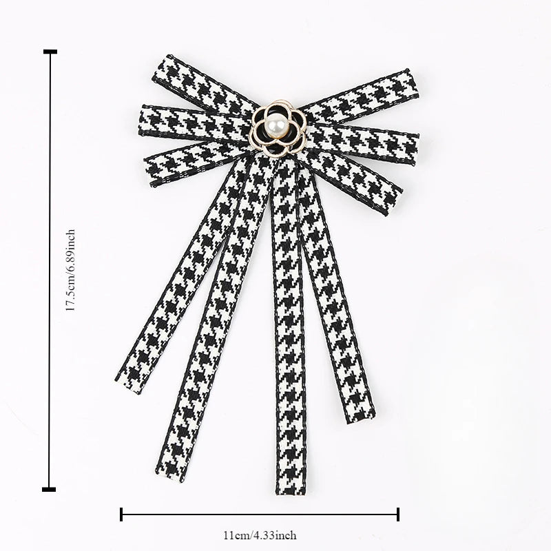 Houndstooth Ribbon Bow Brooch with Pearl