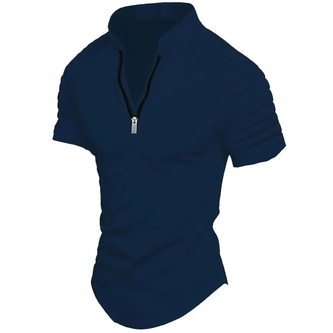Men's Summer Stand Collar Short Sleeve Half Zipper Casual Polo Shirt