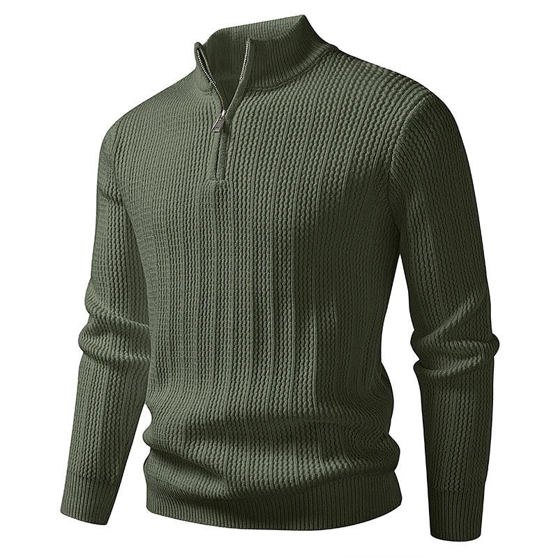 Men's Stand Collar Half-Zip Sweater - Loose Fit Solid Colour Knit Pullover for Autumn Winter