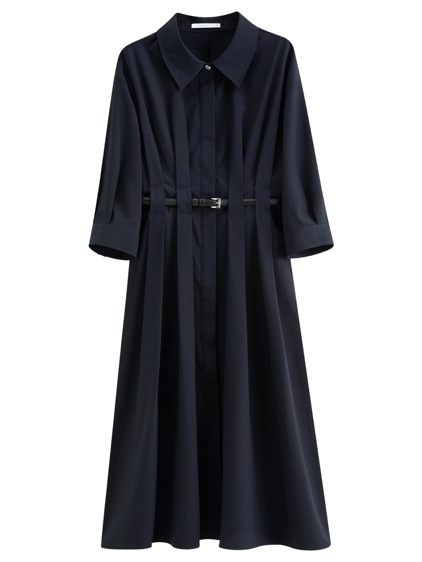 Vertical Striped Shirt Dress with Pleated Design and Belt