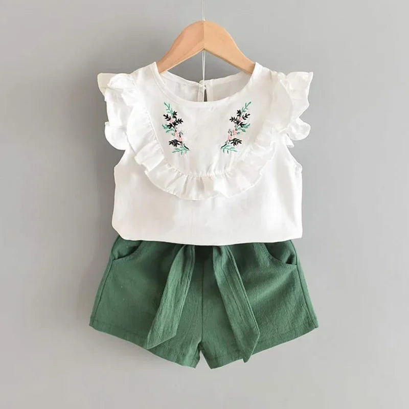 Children's Chiffon Flowers Blue T-shirt Pants Girls Clothing Sets Kids Summer Set for 3-7 Years