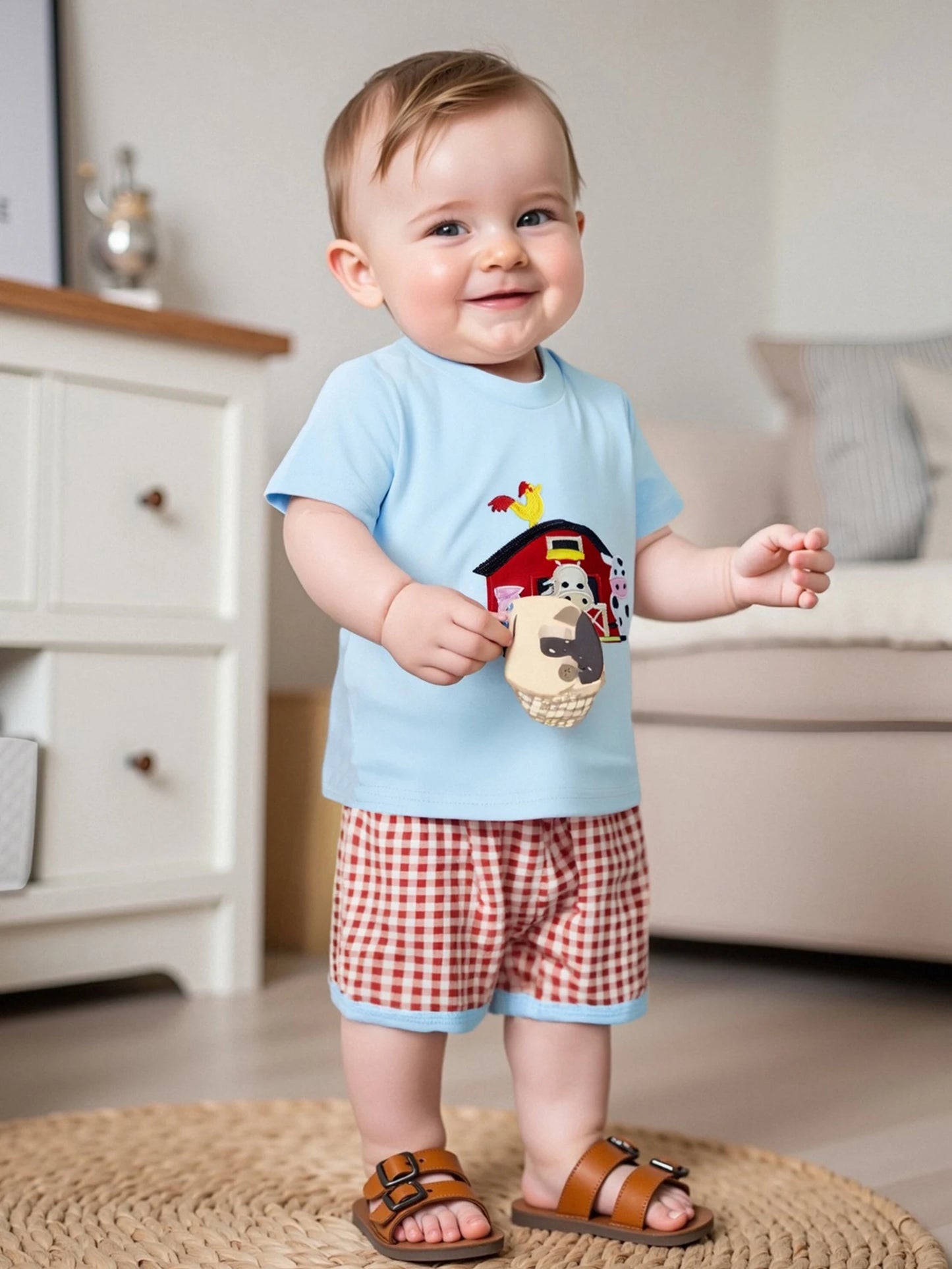 Infant Baby Boys Summer Outfit Set - Farm Animal Embroidery T-Shirt & Shorts (0-3Y)