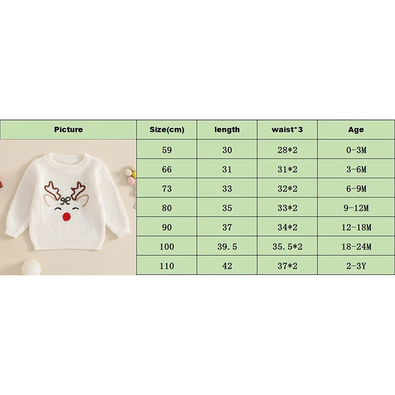 0-3Y Toddler Baby Boys Girls Christmas Sweater - Reindeer Embroidery Long Sleeve Round Neck Knitwear Pullover