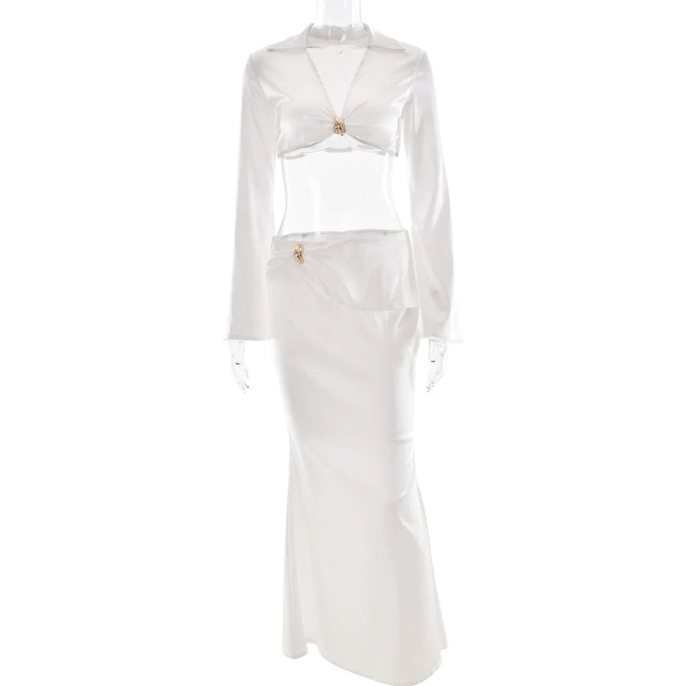Women's Satin Long Sleeve 2 Piece Set - Deep V Neck Cropped Top & Matching Bottom