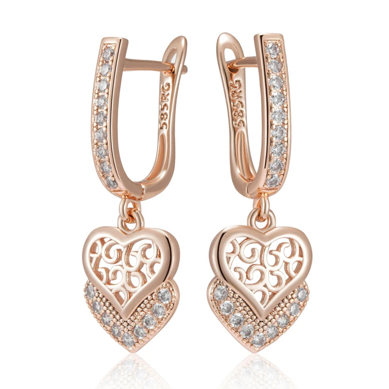 Women's Glossy Metal Natural Zircon 585 Rose Gold Color Geometry Long Earrings