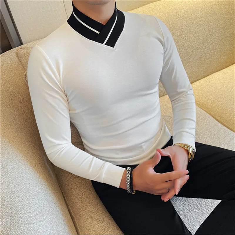 Men's Patchwork Mock Neck Long Sleeve T-Shirt