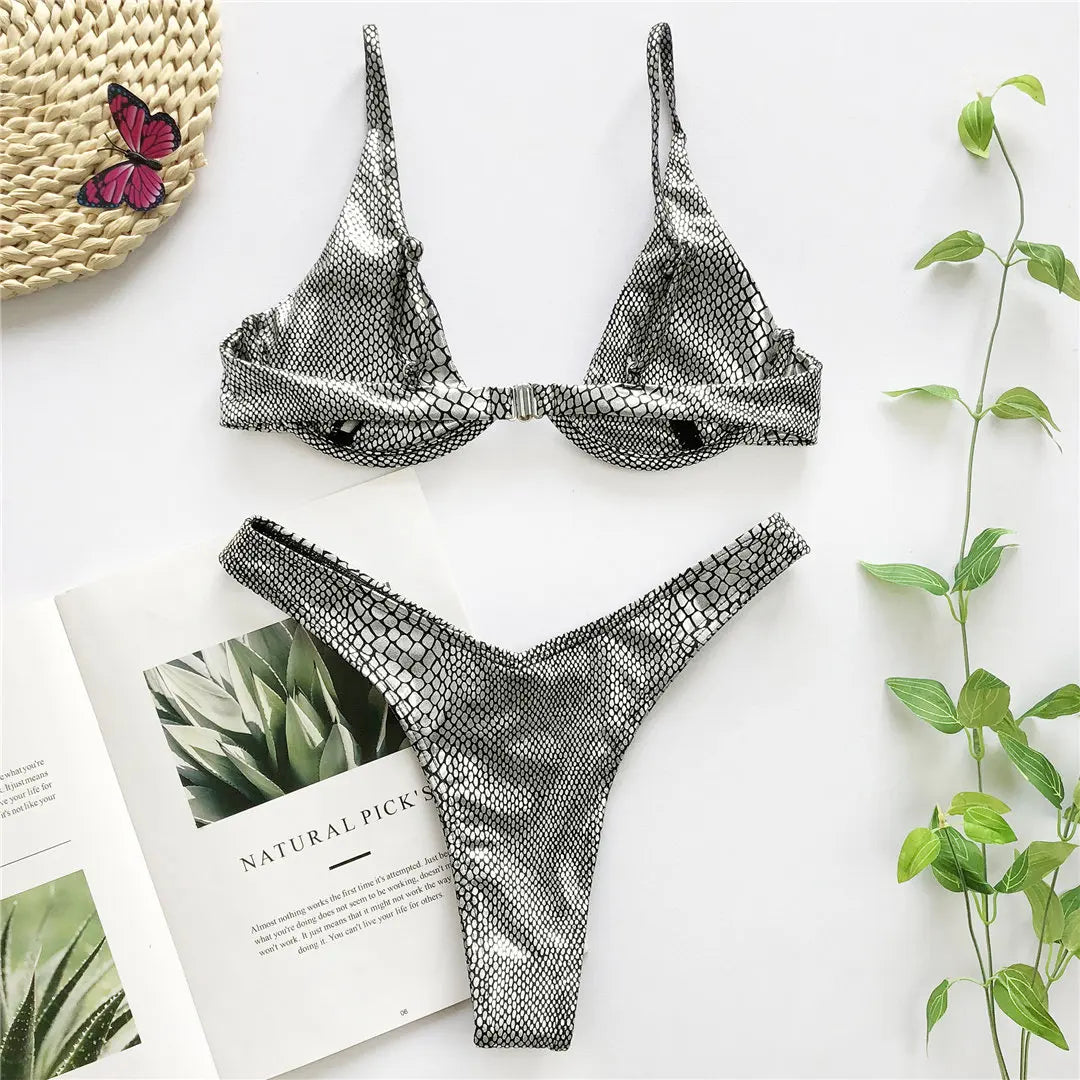 Women's V-Bar Underwired Bikini Set | V-Shape Wire Padded Two-Piece Swimwear