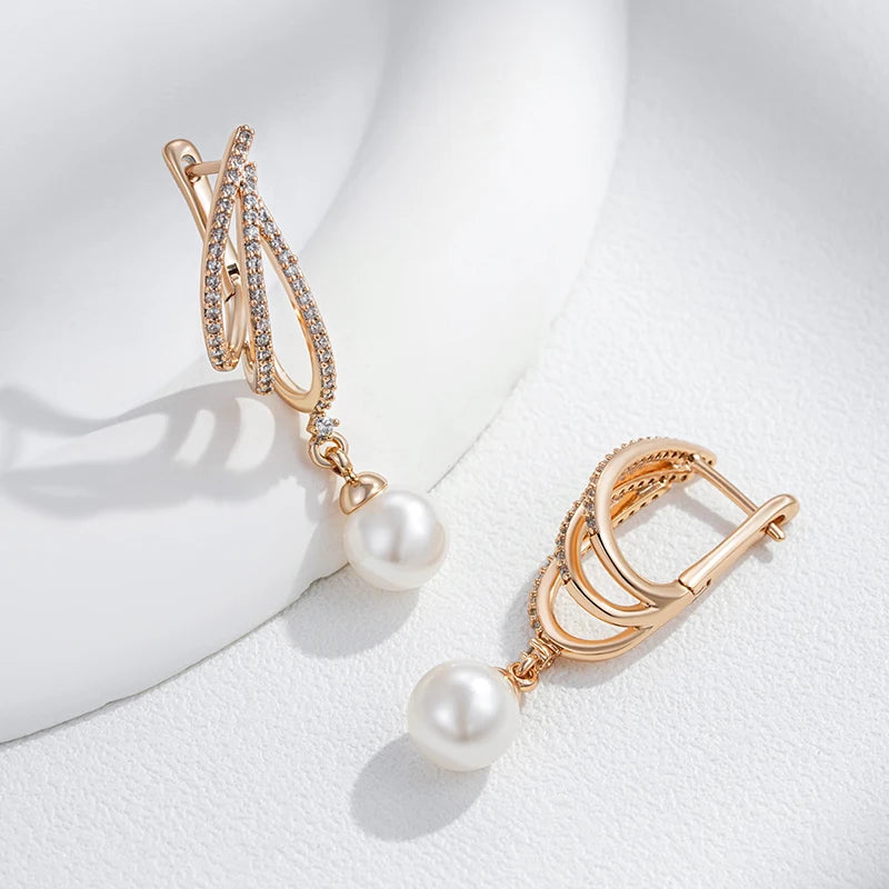 Women Shiny Natural Zircon Unique Geometric 585 Rose Gold Pearl Long Drop Earrings