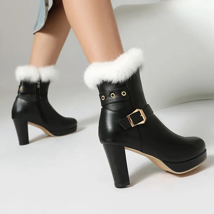 Studded Ankle Boots - 8cm High Heel with Plush Collar and Metal Belt