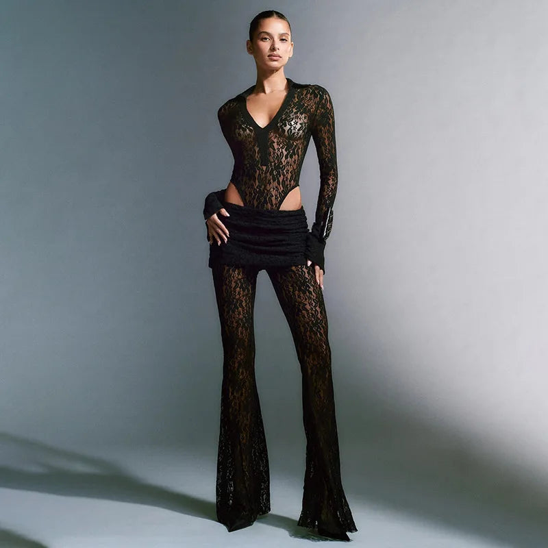 Women's Hollow Out Lace Sheer Flare  Trousers