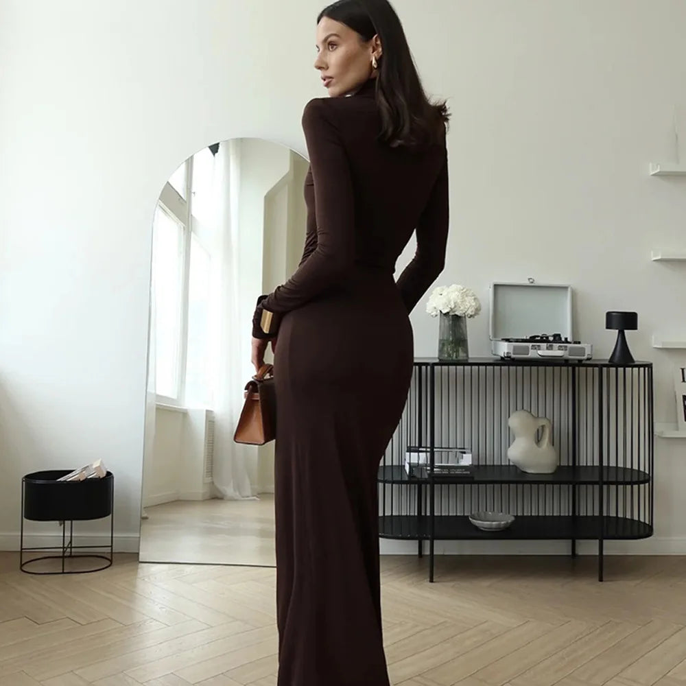 Women's Long Sleeve Turtleneck Maxi Ruched Side Split Bodycon Dress