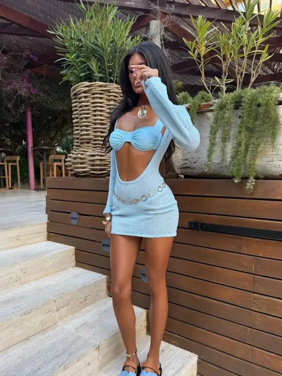 3-Piece Halter Cut-Out Bikini Set with Cover Up - Beach Swimwear