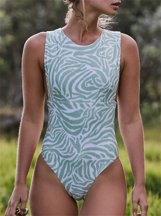 Women's High Waist One Piece Swimsuit Printed Swimwear