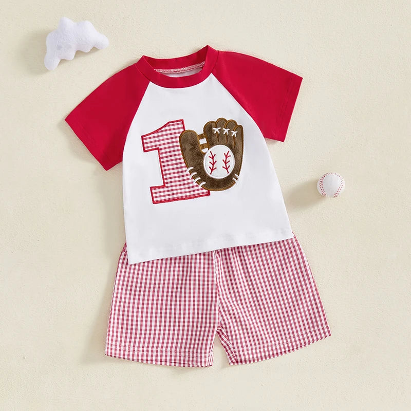 Summer Baby Boys Birthday Baseball Outfit Set - Letter Embroidery T-Shirt & Plaid Shorts (0-3Y)