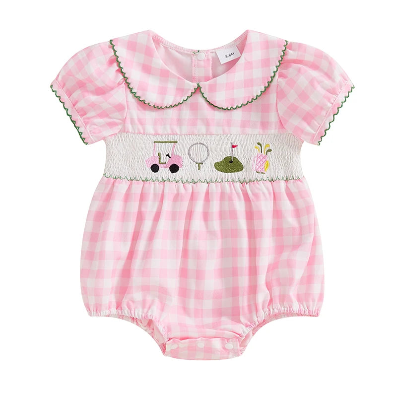 Baby Girls Summer Plaid Romper with Golf Embroidery - Doll Collar Jumpsuit (0-18M)