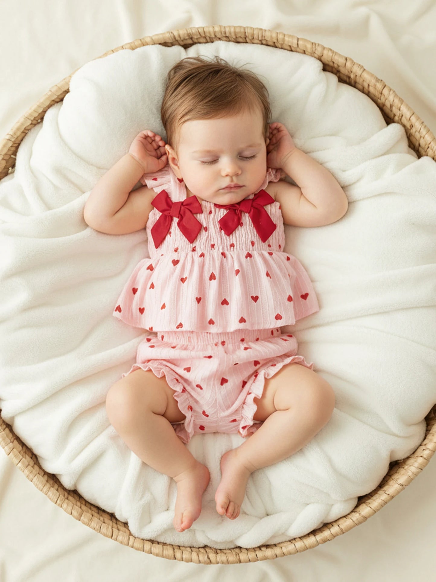 Toddler Girls Valentine's Day Ruffle Shoulder Strap Heart Print Top and Shorts Set