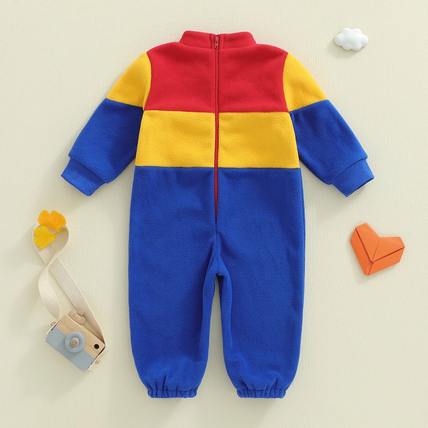 Infant Baby Boys Fall Winter Fleece Romper - Contrast Color Truck Embroidery Mock Neck Jumpsuit