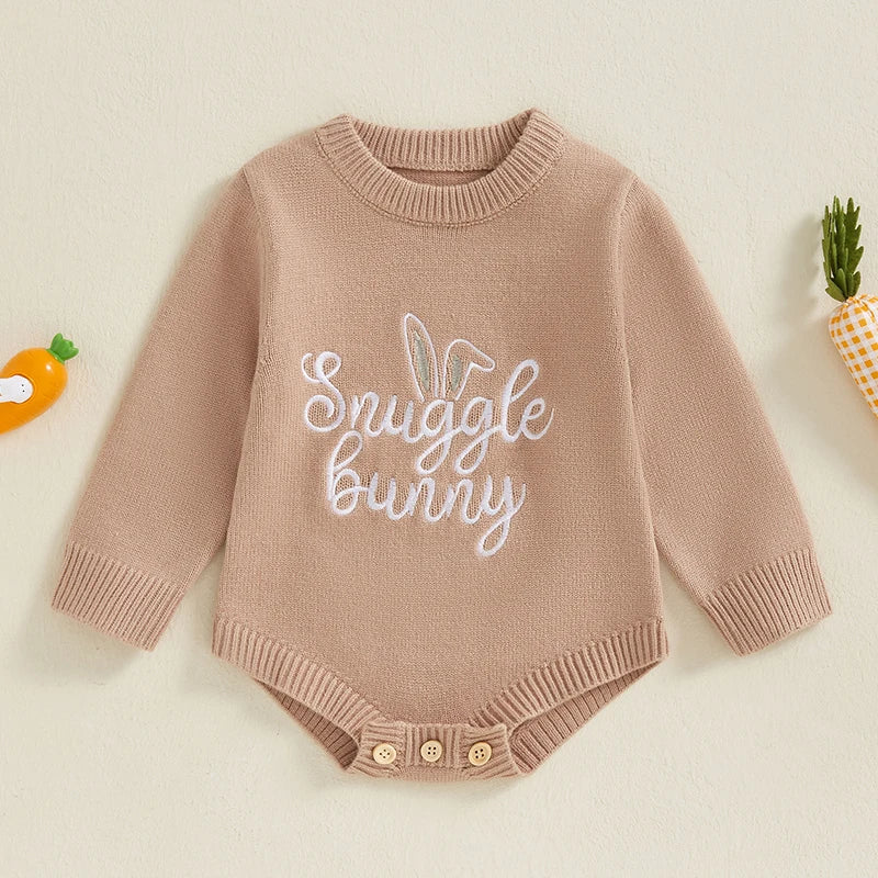 Baby Unisex Knit Long Sleeve Romper | Letter & Rabbit Festival Print | O-Neck | Covered Button | Cotton Blend | All Seasons | 3–18 Months