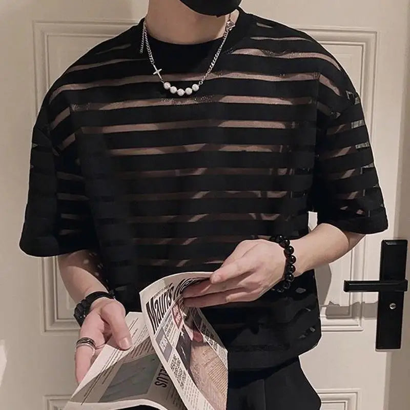 Men's Mesh Striped Round Neck Short Sleeve Transparent T-Shirt