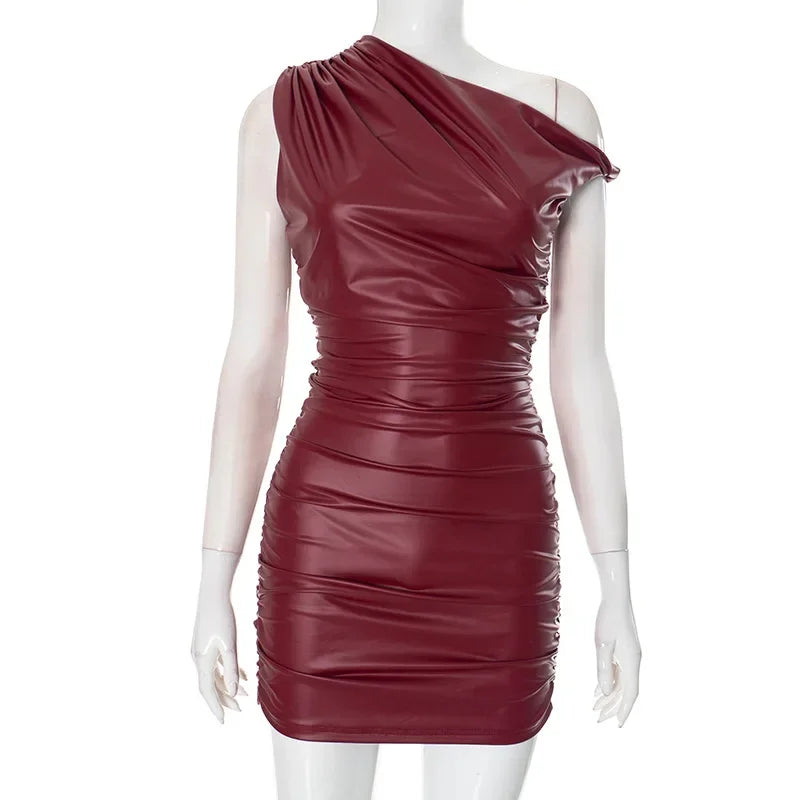 Women's Faux Leather Skew Collar Mini Twist Sleeveless Ruched Dress