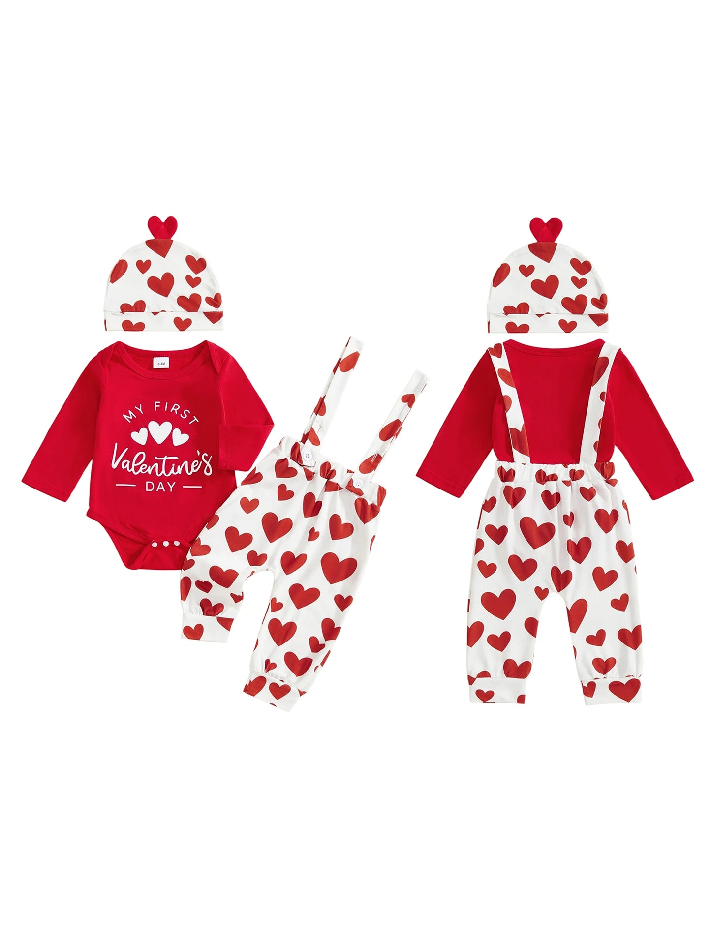 Baby Boys Valentine's Day Outfit Set - Heart Print Romper with Suspender Pants & Hat 0-18M