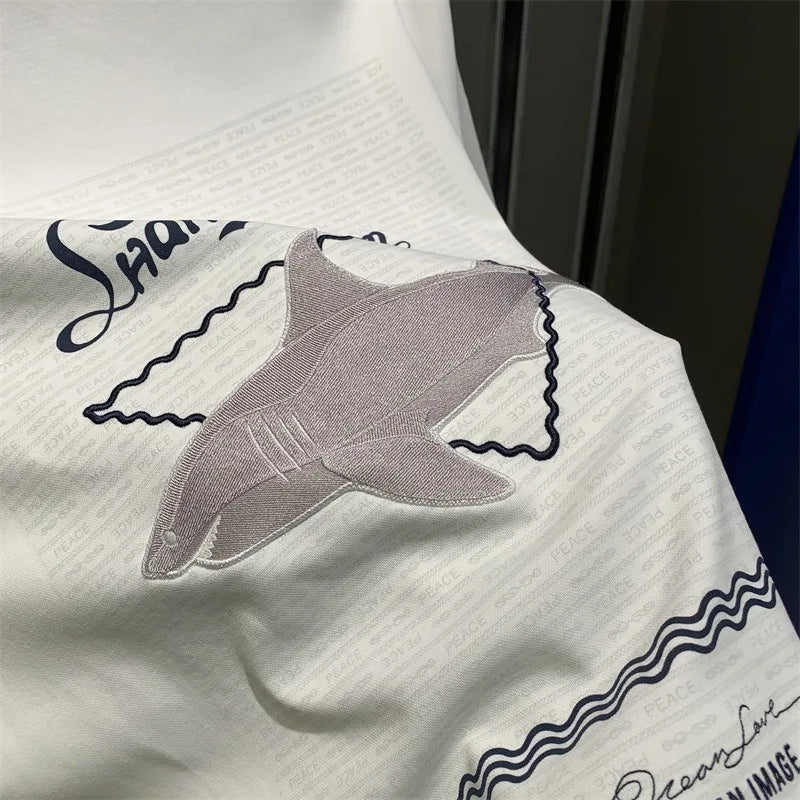 Men's Embroidered T-Shirt Shark Patch Back Detail Crew Neck Short Sleeve