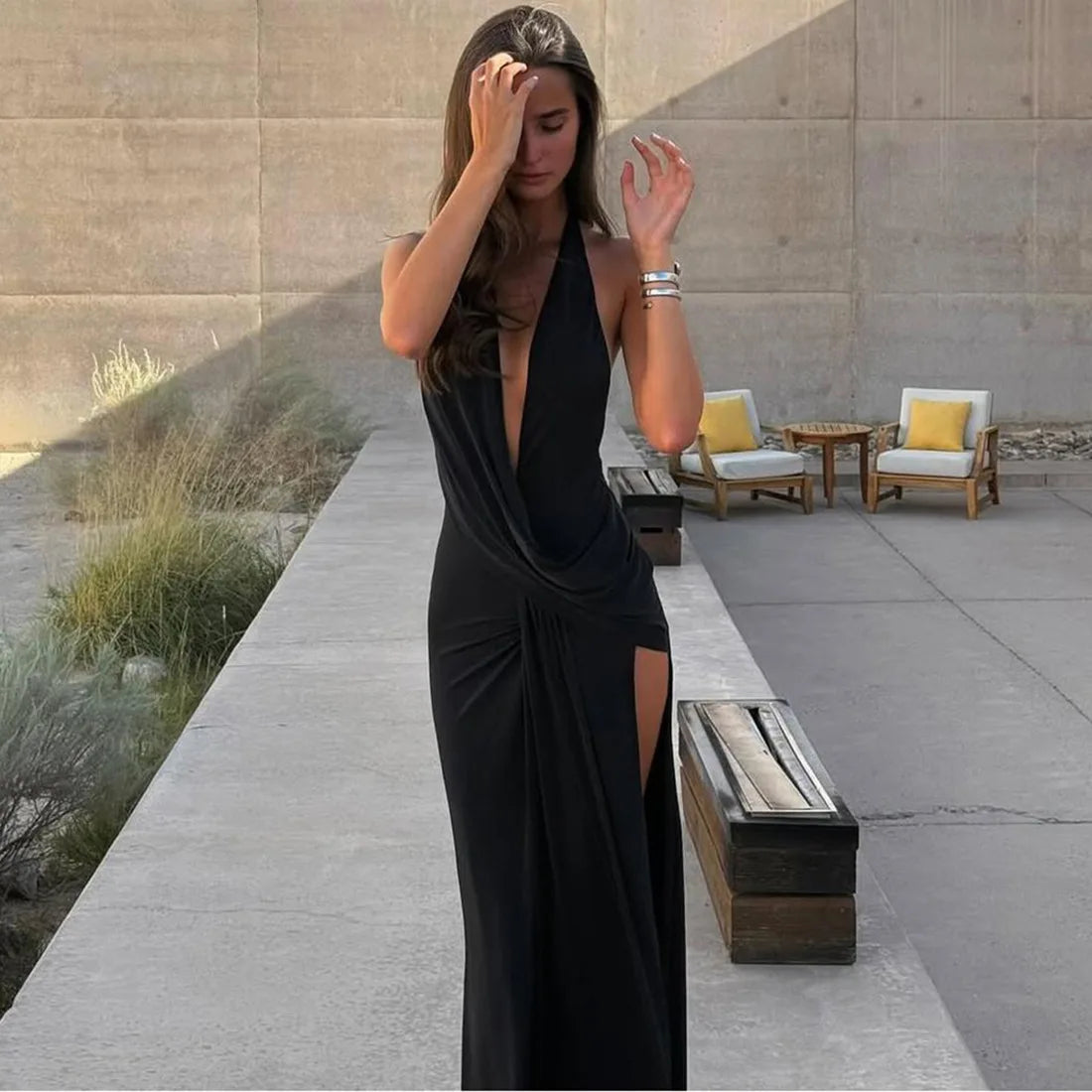 Women's Halter Draped Ruched Maxi Dress - Backless Deep V Neck Gown