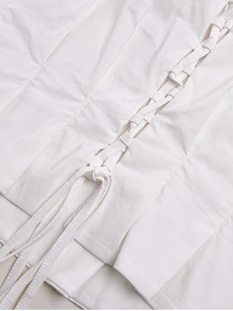 White Ruffle Slim Short Sleeve Square Collar Backless Lace-up Top